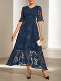 Purplish blue Lace V Neck Short Sleeve A-Line Midi Dress