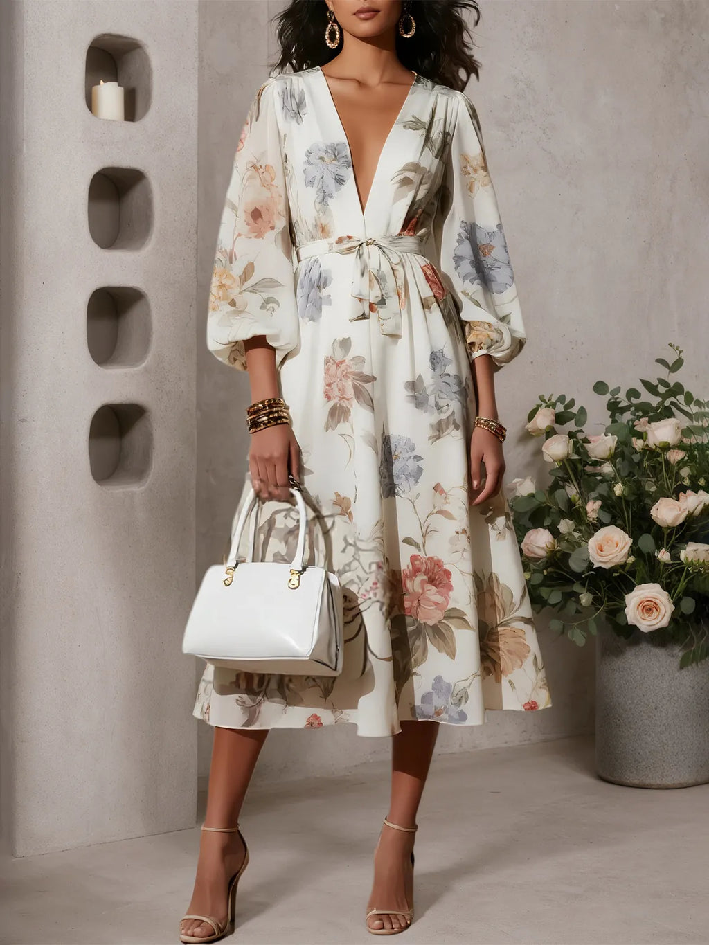 Vestido midi branco em chiffon floral, decote em V, mangas longas bufantes, corte A