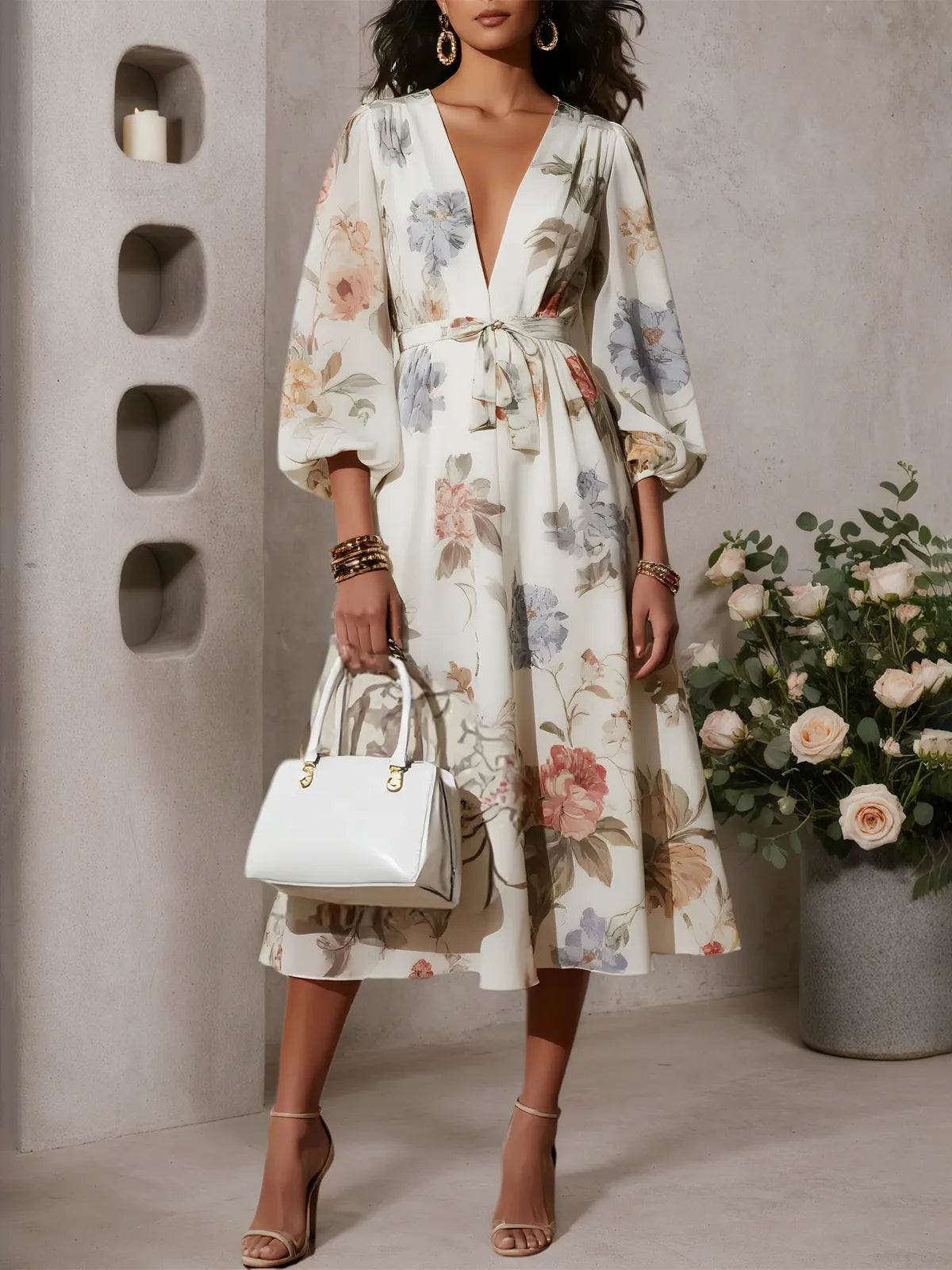 Vestido midi branco em chiffon floral, decote em V, mangas longas bufantes, corte A