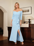 Vestido de madre de la novia azul cielo de gasa, hombros descubiertos, mangas 3/4, largo hasta el tobillo