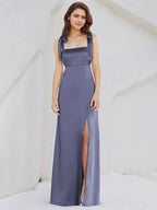 A Line Satin Square Neck Sleeveless Floor Length Bridesmaid Dresses With Bow