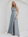 A-Linien Ein-Schulter bodenlanges Spitzen-Chiffon Brautjungfernkleid mit Pailletten