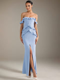 Abiti da damigella azzurri in chiffon a tubino/colonna con scollo a barca e lunghezza fino al pavimento