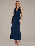 Vestido de satén azul marino tipo tubo/columna sin mangas con cuello halter y largo hasta el tobillo