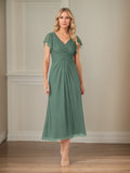 Grünes A-Linien Chiffon V-Ausschnitt kurzärmliges Tee-Länge Mutter-des-Braut-Kleid