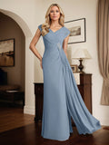 A Line Dusty Blue V Neck Short Sleeves Floor Length Dress With Sequins