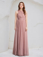 Dusty Rose A-Line Halter Neck Floor-Length Tulle Bridesmaid Dress