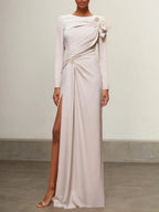 Apricot Ruched Long Sleeve Slit Shift Maxi Dress