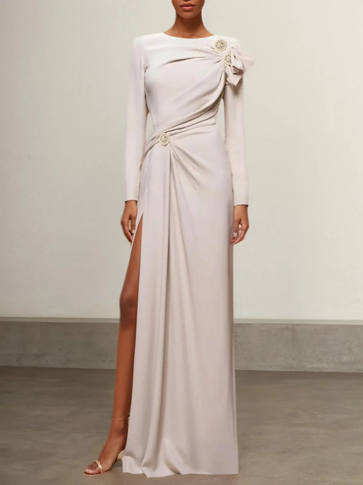 Apricot Ruched Long Sleeve Slit Shift Maxi Dress