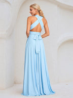 Sky Blue Chiffon A Line Halter Neck Floor-Length Sleeveless Bridesmaid Dress