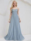 Dusty Blue Chiffon A Line Spaghetti Straps Sleeveless Floor Length Pleated Bridesmaid Dress