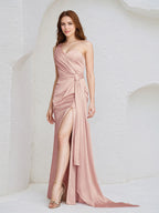 Dusty Rose Satin Sheath/Column One Shoulder Floor Length Sleeveless Bridesmaid Dress