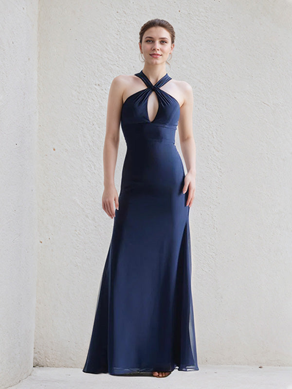 Vestido de dama de honor azul marino sin mangas, de crepé elástico en línea A con nudo en el escote y largo hasta el suelo