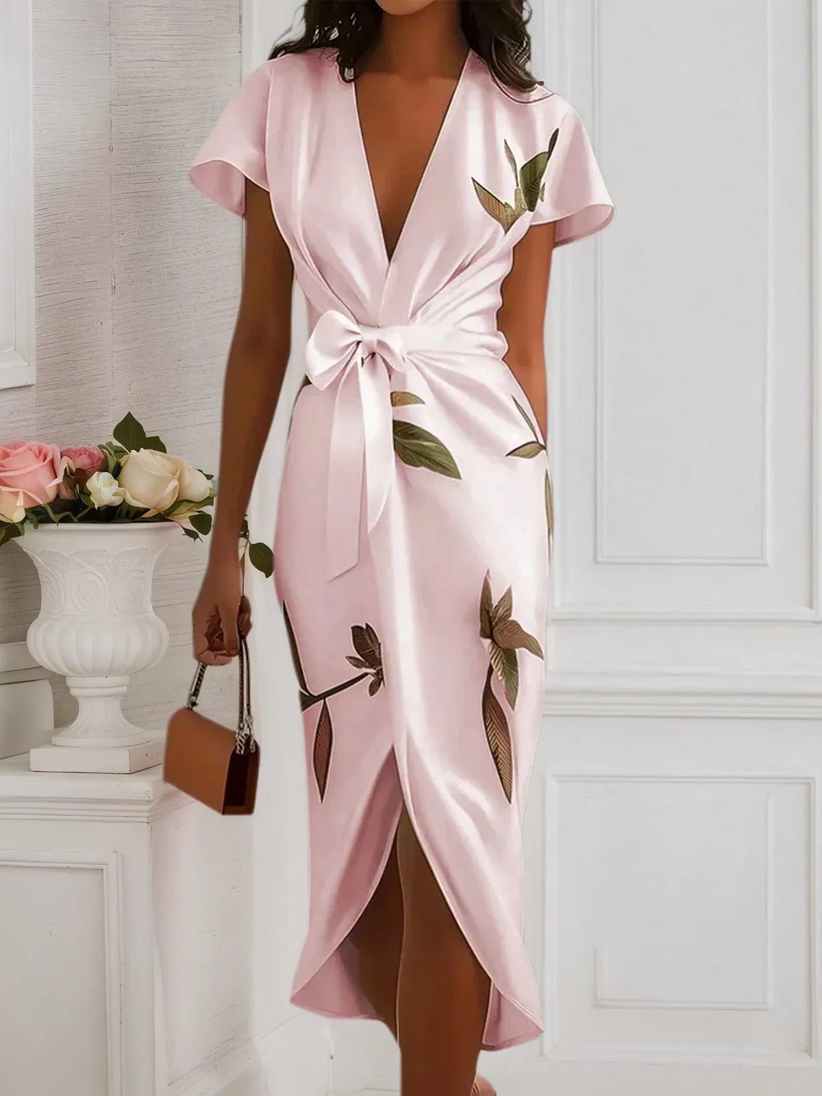 Vestido midi justo rosa de cetim com estampa floral, decote em V e mangas curtas tipo capa