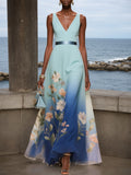 Abito midi azzurro chiaro in chiffon floreale con scollo a V, senza maniche e linea A