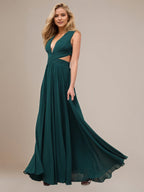 Abiti verdi a linea A in chiffon senza maniche con scollo a V e lunghezza fino al pavimento