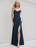 Dark Navy Chiffon A Line Spaghetti Straps Sleeveless Floor Length Bridesmaid Dress