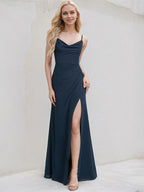Dark Navy Chiffon A Line Spaghetti Straps Sleeveless Floor Length Bridesmaid Dress