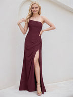 Cabernet Chiffon A Line One Shoulder Sleeveless Floor Length Bridesmaid Dress