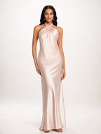 Pearl Pink Sheath/Column Halter Floor-Length Sleeveless Satin Bridesmaid Dress