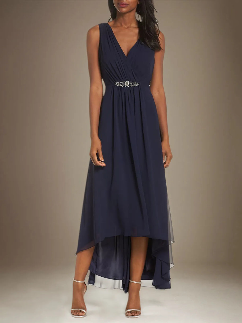 A Line Chiffon V Neck Sleeveless Asymmetrical Dress With Rhinestones