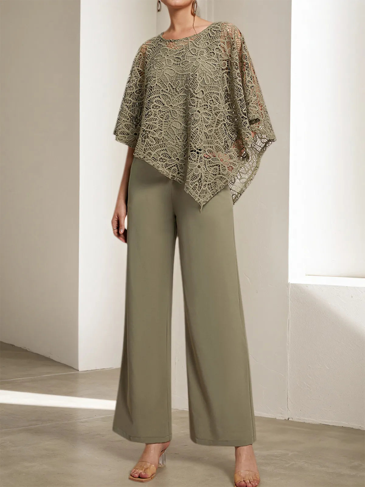 Armeegrünes Damen Spitzen Rundhals Ärmel Chiffon Zweiteiler