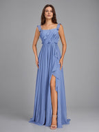 A Line Chiffon Square Neck Floor Length Sleeveless Bridesmaid Dress With Ruffles