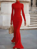 Red High Neck Long Sleeve A-Line Maxi Wool Sweater Dress