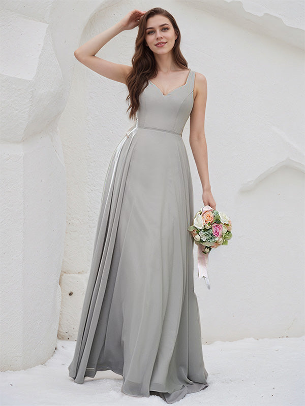 Silver Chiffon A Line V Neck Sleeveless Floor Length Bridesmaid Dress