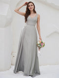 Silver Chiffon A Line V Neck Sleeveless Floor Length Bridesmaid Dress
