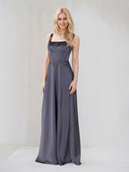 Gray Satin A Line Spaghetti Straps Sleeveless Floor Length Bridesmaid Dress