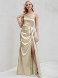 Champagne Satin A Line One Shoulder Sleeveless Floor Length Bridesmaid Dress