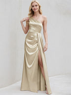 Champagne Satin A Line One Shoulder Sleeveless Floor Length Bridesmaid Dress