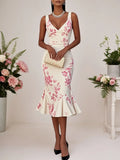 Pink Floral Mermaid Skirt V Neck Sleeveless Mermaid Midi Dress