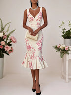 Pink Floral Mermaid Skirt V Neck Sleeveless Mermaid Midi Dress