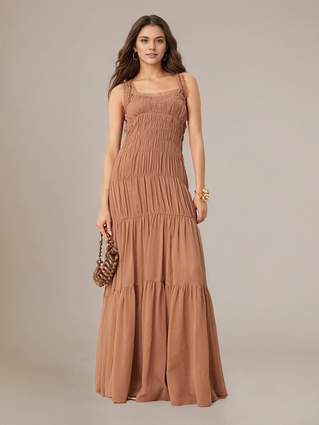 A Line Chiffon Square Neck Sleeveless Floor Length Pleated Dresses