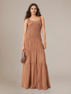 A Line Chiffon Square Neck Sleeveless Floor Length Pleated Dresses