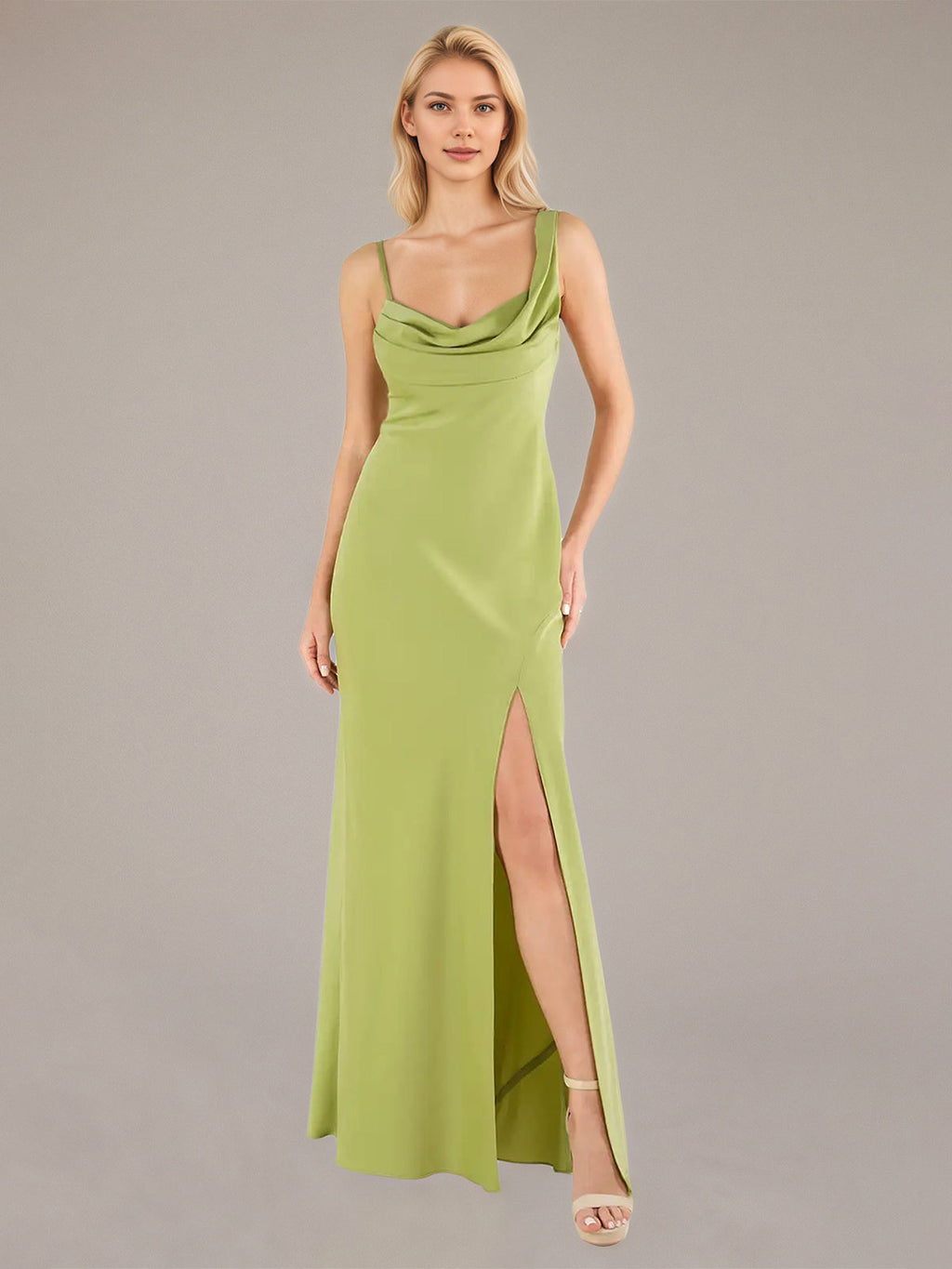 Vestidos longos tubinho/coluna verdes, assimétricos, sem mangas, de cetim