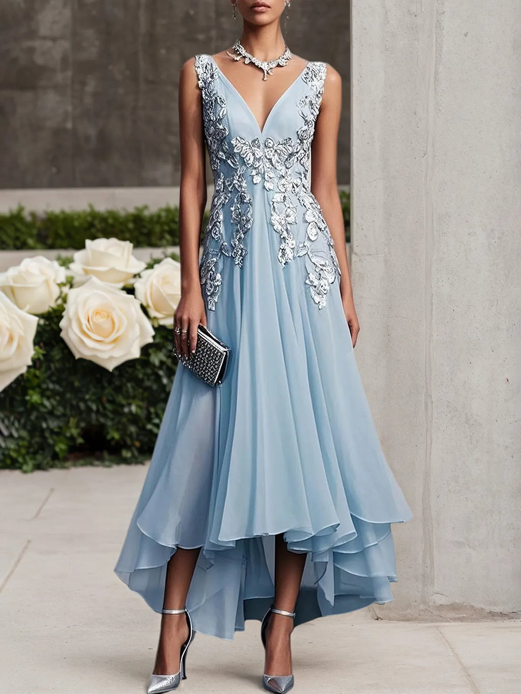 Robe de bal bleu clair en dentelle asymétrique en chiffon col en V sans manches ligne A maxi