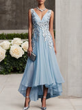 Robe de bal bleu clair en dentelle asymétrique en chiffon col en V sans manches ligne A maxi