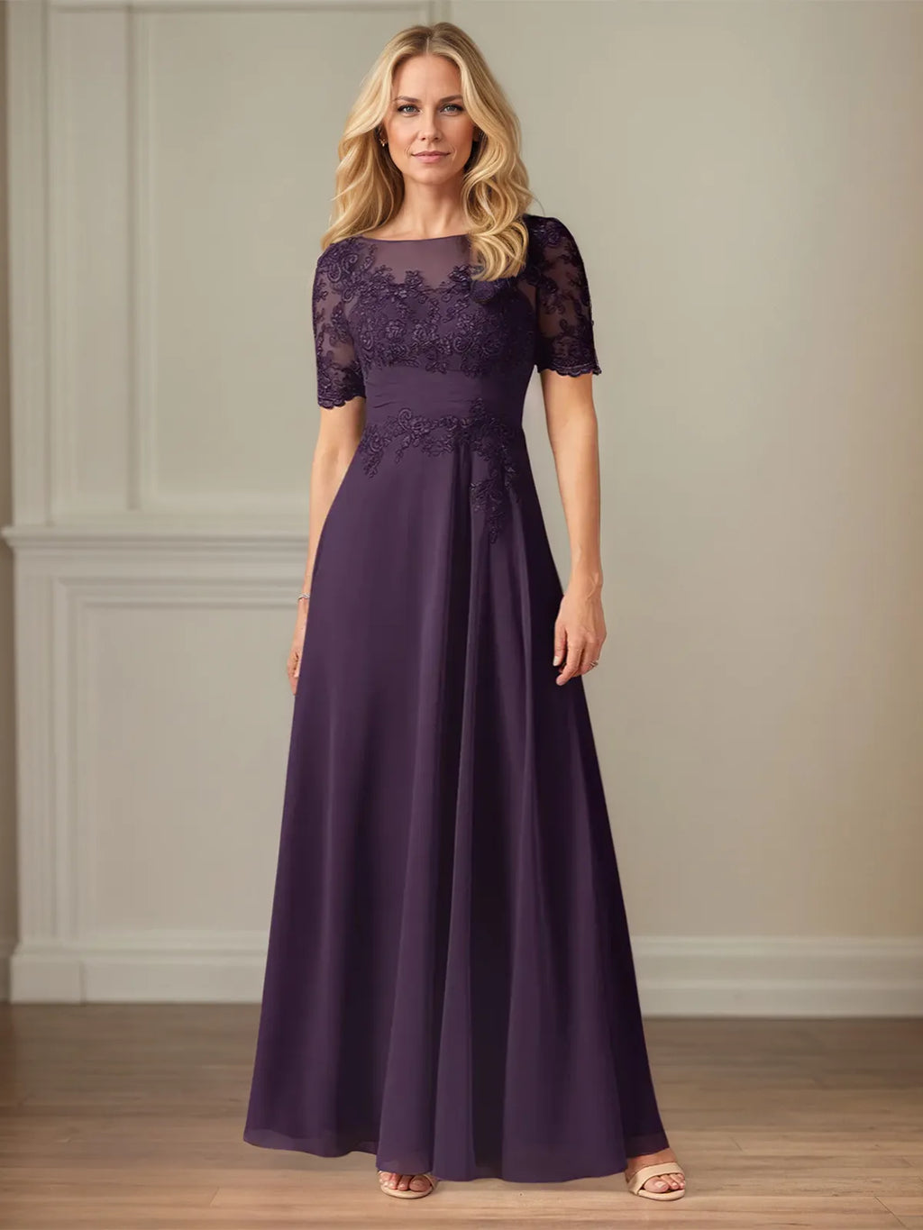 A Line Chiffon Scoop Neck Short Sleeves Floor Length Dress