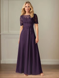 A Line Chiffon Scoop Neck Short Sleeves Floor Length Dress
