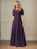 A Line Chiffon Scoop Neck Short Sleeves Floor Length Dress