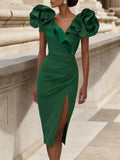 Vestido midi verde con escote en V y fruncido floral 3D ajustado