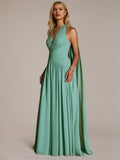 Abito verde a linea ad A in chiffon, collo halter, senza maniche, lunghezza fino al pavimento