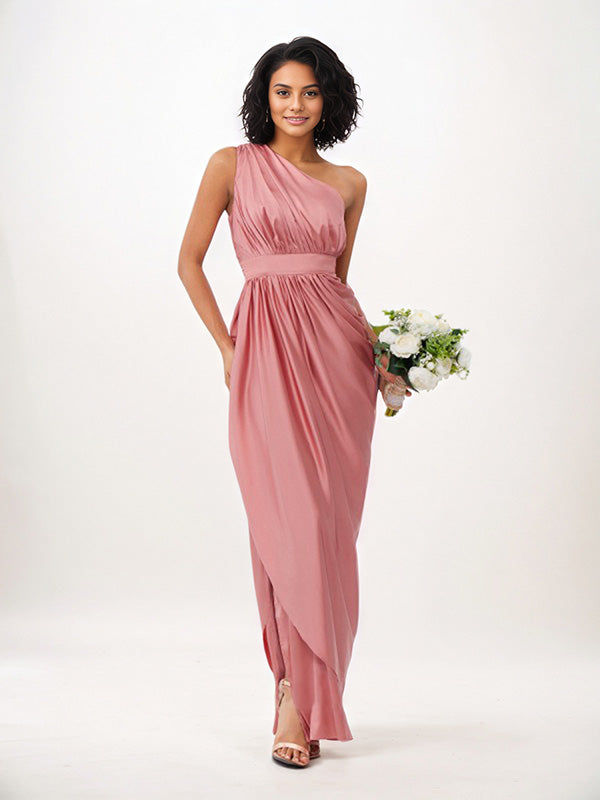Vestido de dama de honor satinado rosa polvoriento estilo columna con un hombro hasta el suelo