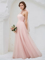 Pink Tulle A Line Halter Neck Sleeveless Floor Length Bridesmaid Dress