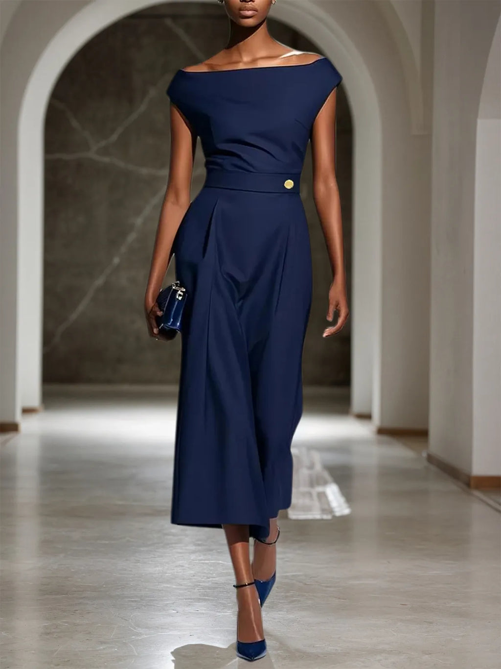 Robe midi classique bleu violacé à épaules dénudées manches courtes avec boucle