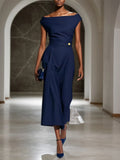 Robe midi classique bleu violacé à épaules dénudées manches courtes avec boucle