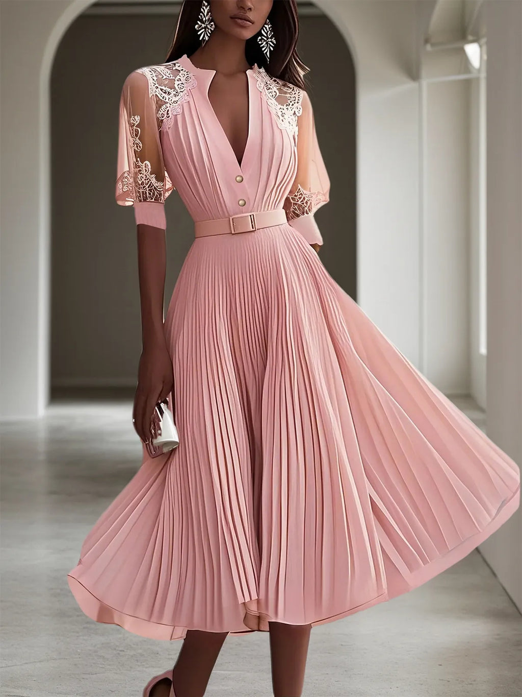 Vestido midi rosa en línea A de gasa plisada con encaje y escote en V
